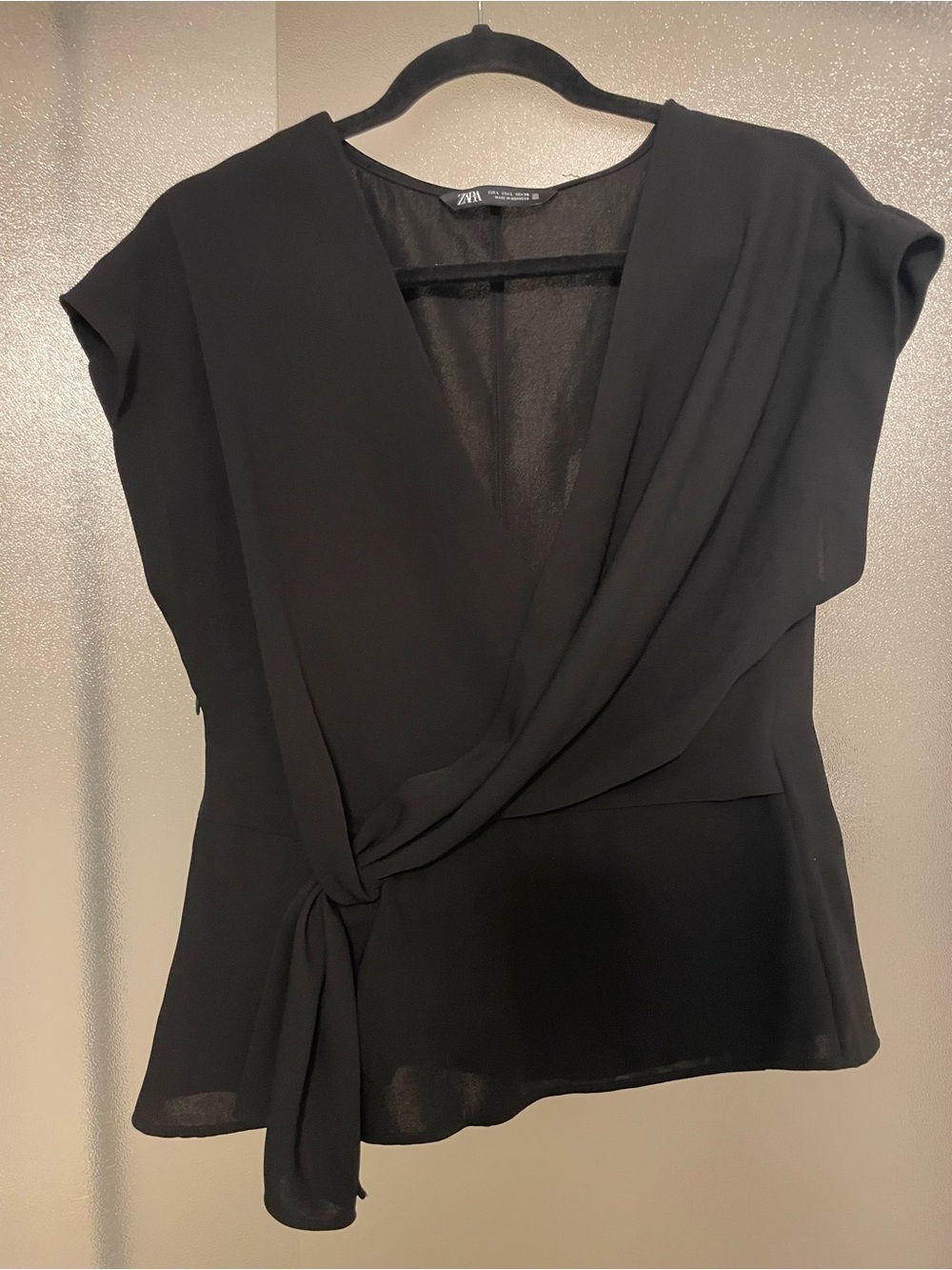 Zara Black Draped Wrap-Front Blouse with Side Knot